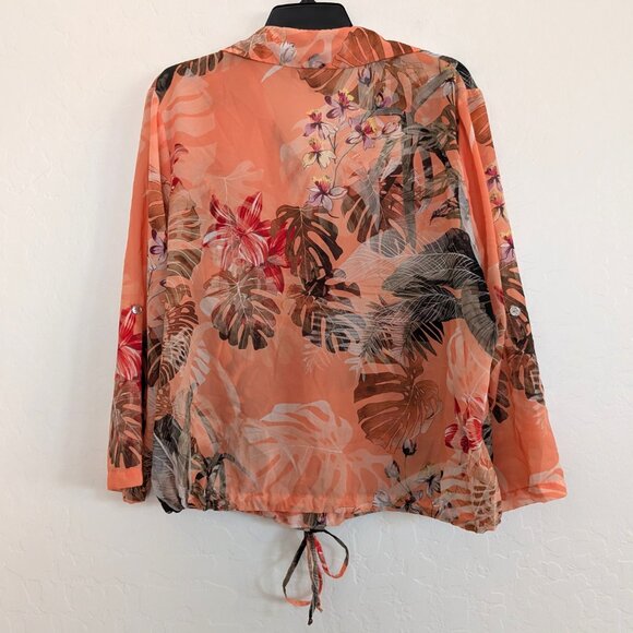FRANK LYMAN Blouse L Multicolor Floral Sheer Embellished Roll Tab Sleeve Tie - Picture 6 of 14